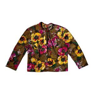 60s vintage abstract floral blouse 3/4 sleeve twisted collar short Kay Silver.